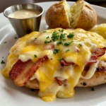 Alice Springs Chicken on a white plate with a baked potato and sauce. The chicken is topped with melted cheese, bacon, and parsley.