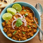 Overhead image of chicken keema in a light blue bowl with cilantro, sliced red onion, lime wedges, two spoons, and flatbread on a wooden table.