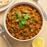 Overhead view of chicken keema in a white bowl, garnished with cilantro, next to a lemon half and two silver spoons on a wooden surface. Flatbread is visible in the background.