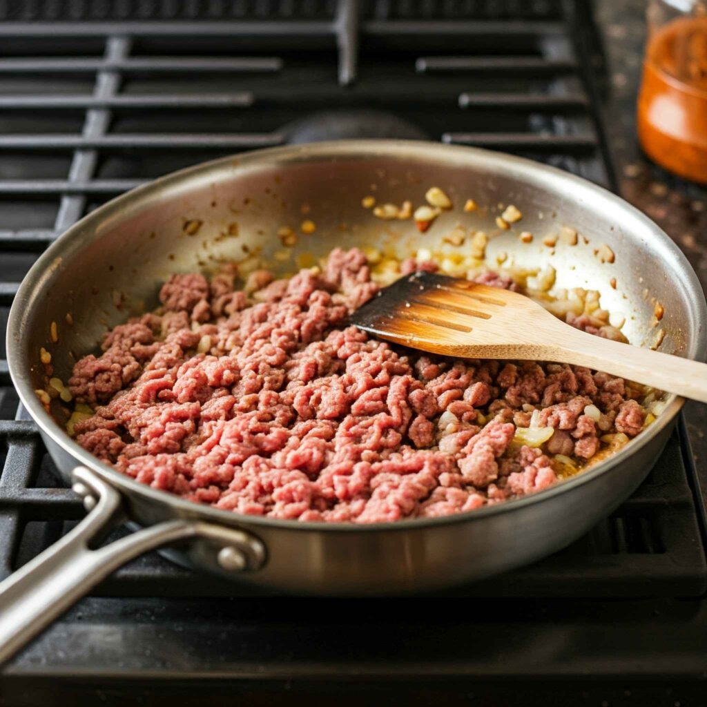 Season Beef: Sprinkle the homemade taco seasoning over the beef, mixing thoroughly to ensure every piece is well-coated. Cook for an additional two minutes to melt the flavours.