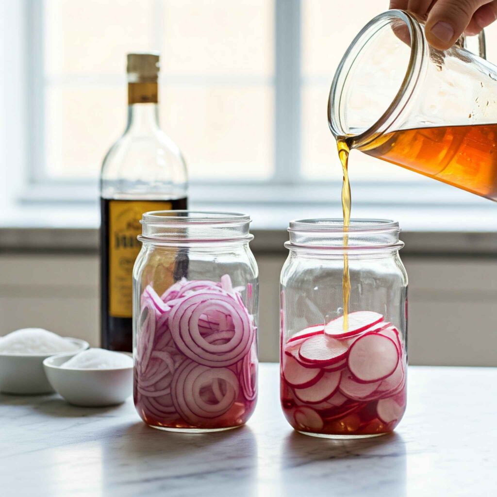 Pickling Toppings:

Pickled Onions: Mix 1 cup of vinegar with 1 tablespoon of sugar and 1 1/2 teaspoons of salt. Pour over thinly sliced red onions and let sit for at least one hour.

Pickled Radish: Follow the same brine mixture as for the onions. Pour over thinly sliced radishes, allowing them to pickle for one hour.