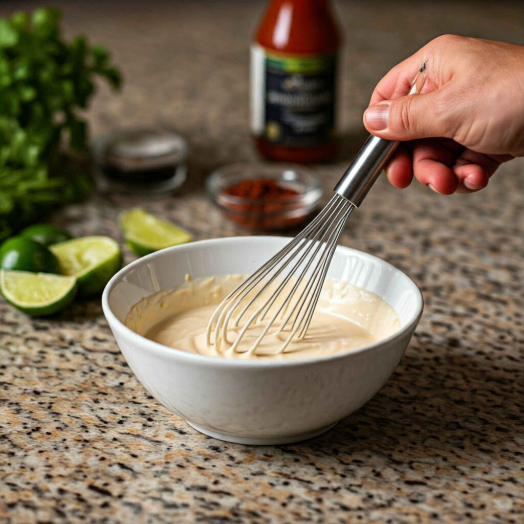 Mix Ingredients: In a medium bowl, whisk together 1/2 cup mayonnaise, 1/4 cup sour cream, the juice of one lime, 1 minced chipotle pepper, and 1/2 teaspoon garlic powder. This creamy, zesty sauce complements the rich flavour of Wagyu ground beef tacos.