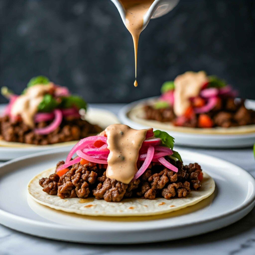 How to layer the beef, sauce, and toppings efficiently.

Start with the Beef: Spoon a generous amount of the savoury Wagyu ground beef onto the centre of each warm tortilla. 

Add the Secret Sauce: Drizzle your homemade secret sauce over the beef for a creamy, tangy kick that balances the meat's richness.

Layer the Toppings: Add the pickled onions and radish, ensuring each taco gets an even distribution of these zesty toppings.