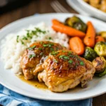 Jezebel Chicken Crockpot Recipe: Two glazed chicken thighs with rice and roasted vegetables on a white plate.