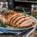 Close-up of sliced, roasted chicken breast with pepper and herbs. On a white plate, alongside rosemary and a blue and white napkin, this scene creates a feeling of warmth and comfort.