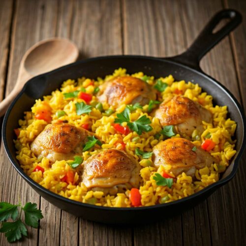 An image of chicken and yellow rice recipe , cooked and ready to serve in a black skillet.