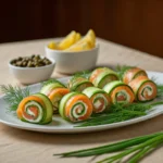 chatelaine smoked salmon roll on cucumber recipe: A white plate featuring smoked salmon and cucumber rolls, elegantly arranged and garnished with fresh dill and chives. The rolls have a creamy filling, creating a spiral pattern. In the background, small bowls of capers and lemon wedges sit on a beige tablecloth, adding a touch of contrast to the dish.