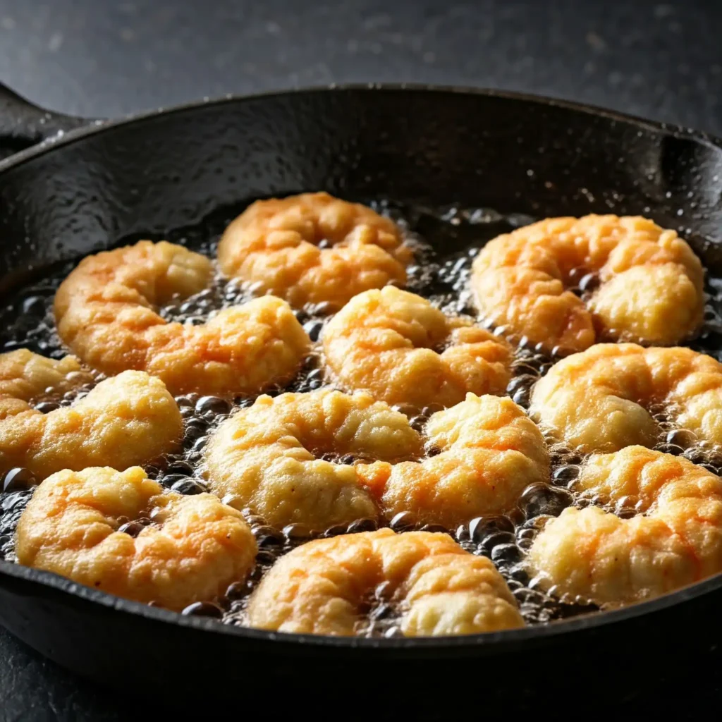 Fry shrimp in batches for 2–3 minutes or until golden brown. Drain on paper towels.