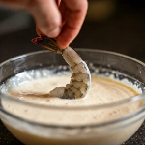 Dip shrimp into the batter, letting the excess drip off.