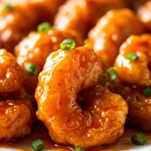 A close-up of Boom Boom Shrimp, featuring golden-fried shrimp coated in a creamy, glossy orange sauce, garnished with freshly chopped green onions for a pop of color.