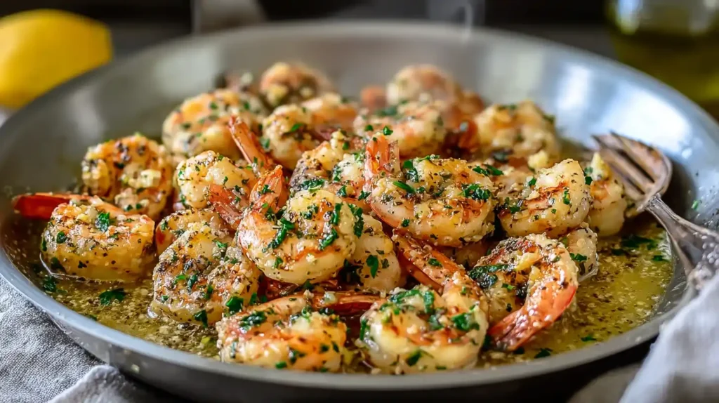 Close-up of garlic butter shrimp in a pan, coated in rich buttery garlic sauce and garnished with fresh parsley.