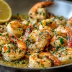 Pan of golden garlic butter shrimp recipe with fresh parsley and garlic, cooked in a buttery sauce with lemon on the side.