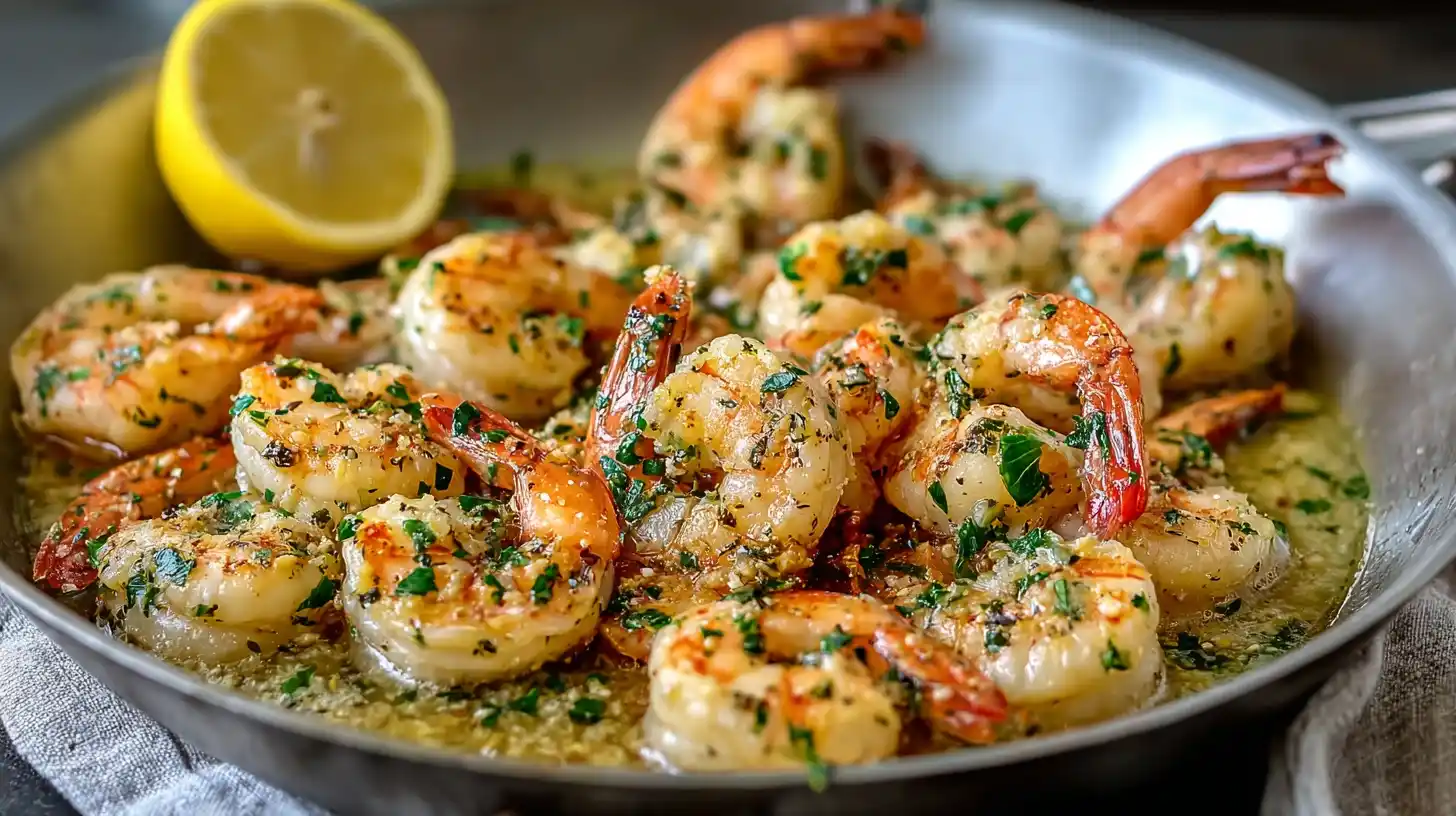 Pan of golden garlic butter shrimp recipe with fresh parsley and garlic, cooked in a buttery sauce with lemon on the side.