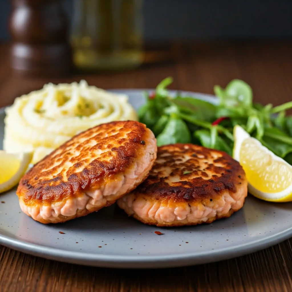 Present your delicious salmon patties hot, accompanied by lemon wedges or tartar sauce. Pair with a side of creamy mashed potatoes or a crisp green salad for a complete meal.