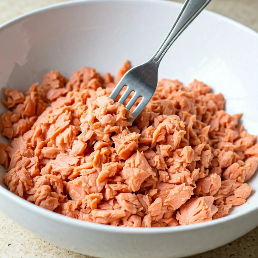 Start by mixing drained canned salmon—bones and all—in a large bowl, flaking it well with a fork. 