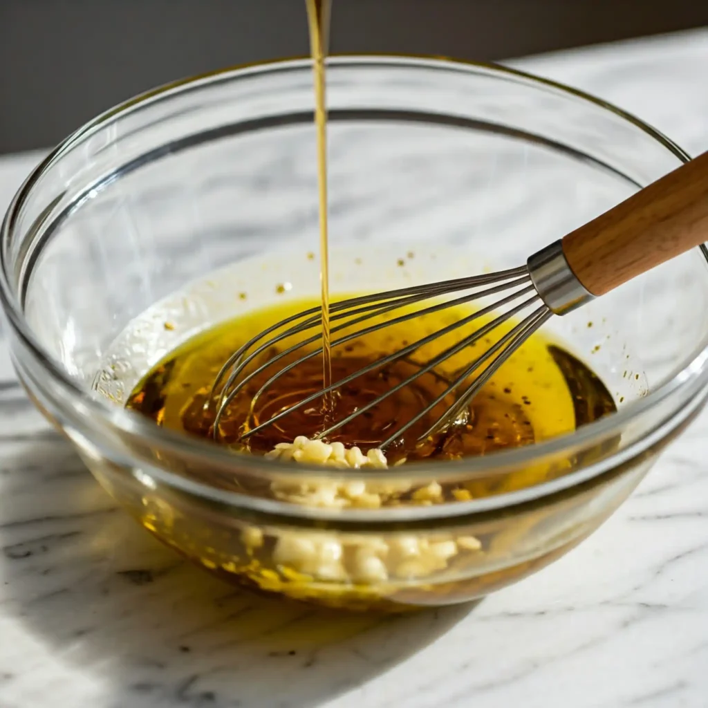 Make Marinade: Whisk together olive oil, lemon juice, minced garlic, and a touch of honey. 