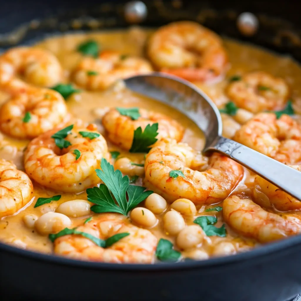 When the beans are soft and the broth has reached your desired thickness, return the reserved shrimp and any juices to the skillet. Stir in the lemon juice, parsley, and adjust the salt and pepper to taste.
