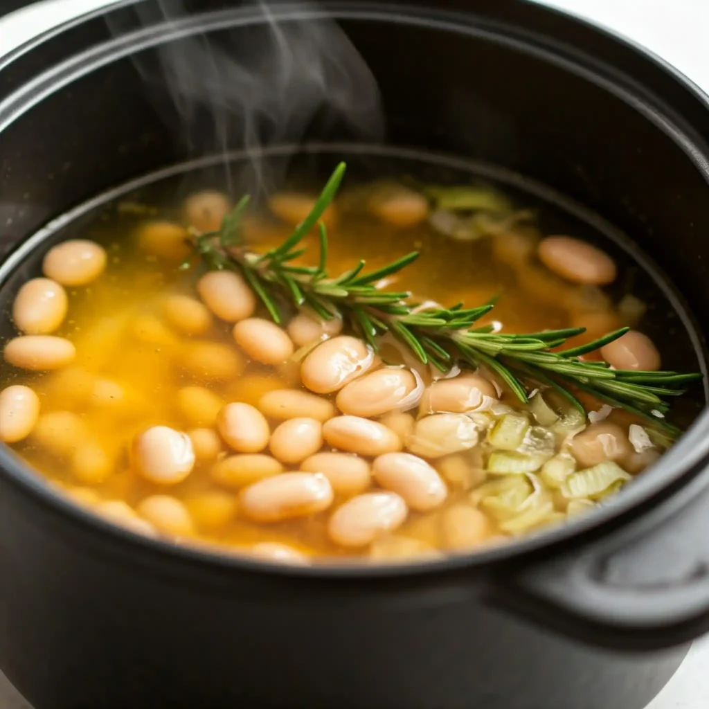 Next, make the broth by briefly sautéing the shallot in the same skillet. Then, add the broth, beans, and whole sprigs of rosemary.
