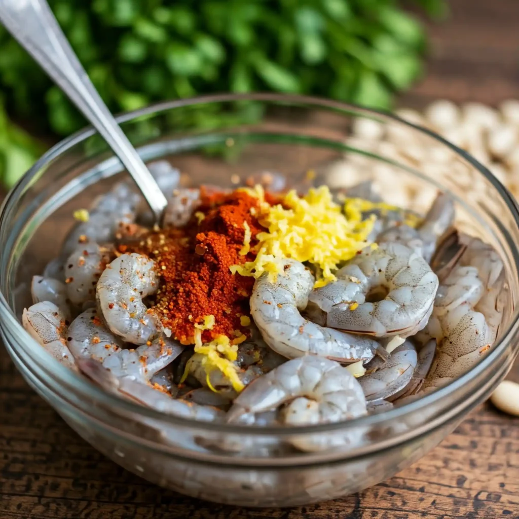 Start by placing the shrimp in a medium bowl and seasoning them with garlic, salt, pepper, paprika, olive oil, and lemon zest. 