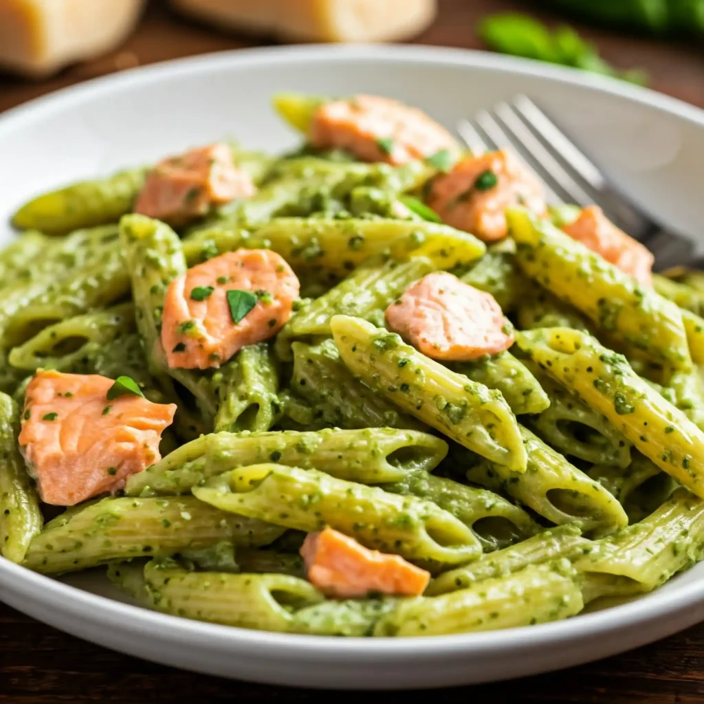 A creamy penne pasta with salmon and pesto sauce, served in a white bowl. The pasta is coated in a rich, creamy sauce that appears glossy. Flakes of salmon are visible throughout the pasta.