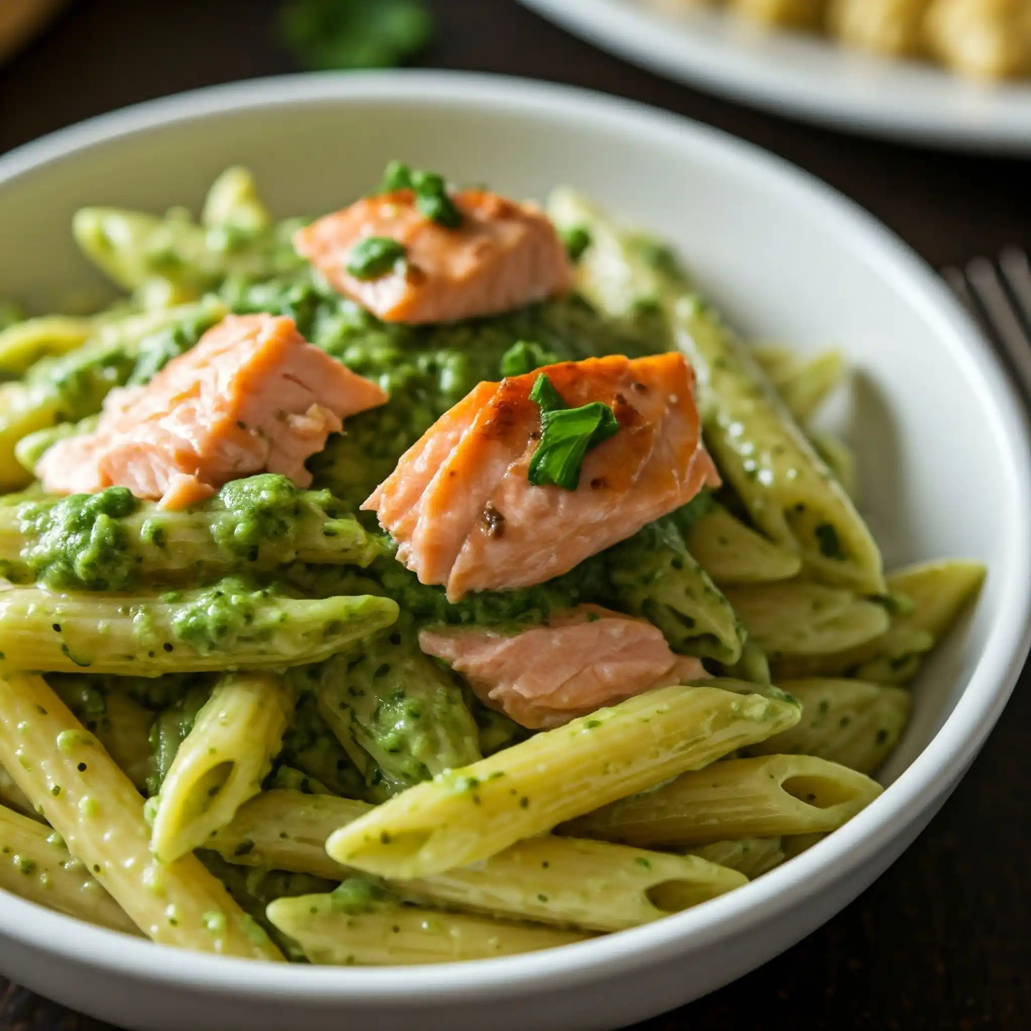 A creamy penne pasta with salmon and pesto sauce, served in a white bowl. The pasta is coated in a rich, creamy sauce that appears glossy. Flakes of salmon are visible throughout the pasta.