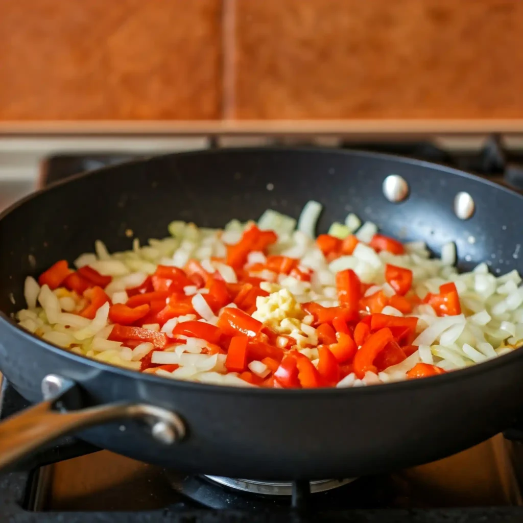 Sauté (Vegetables): Warm olive oil in a spacious skillet on medium heat. Add onion, bell pepper, and garlic. 