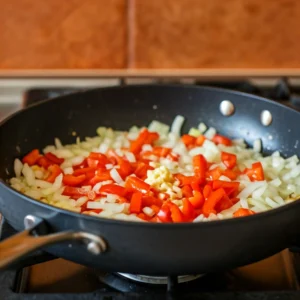 Sauté (Vegetables): Warm olive oil in a spacious skillet on medium heat. Add onion, bell pepper, and garlic, cooking until softened (about 5 minutes).