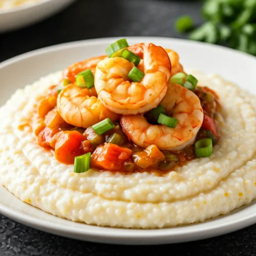 "Shrimp and Grits Recipe with Rotel – A savory dish featuring creamy grits topped with tender shrimp cooked in a flavorful Rotel tomato and pepper sauce, garnished with fresh green onions."