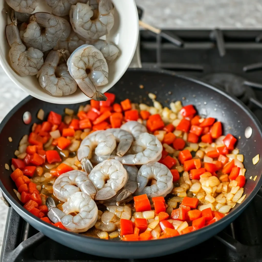 Season (Shrimp):Add the shrimp to the skillet with the cooked vegetables, season with Cajun seasoning, salt, and pepper, and cook for 3–4 minutes until pink and opaque.