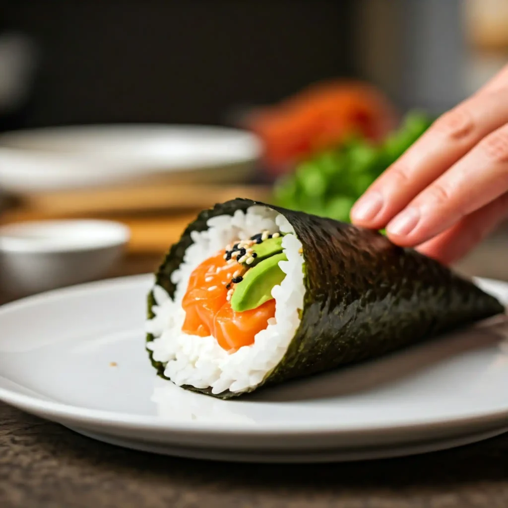 Temaki salmon sushi roll on a white plate with soy sauce in background