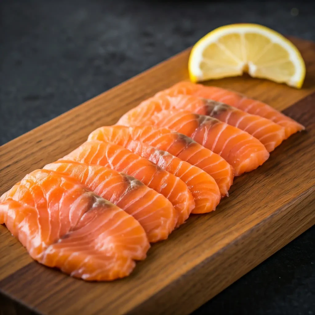 Cut the salmon into thin, even slices about the size of your pinky finger.