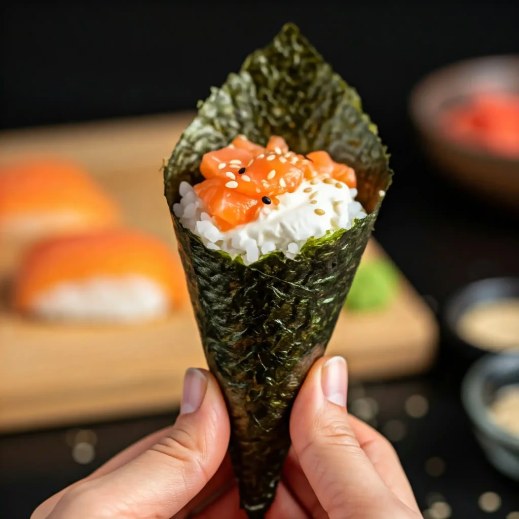 Temaki salmon sushi roll on a white plate with soy sauce in background