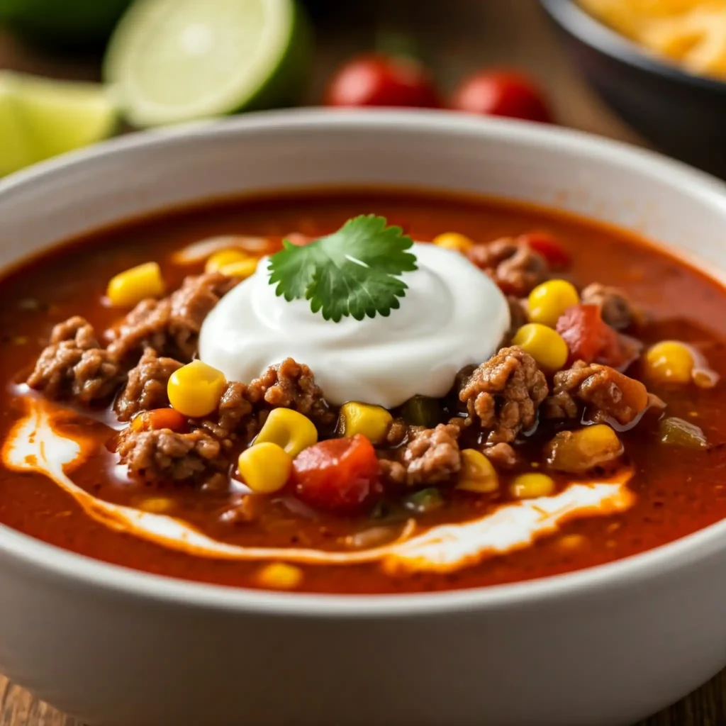 Chipotle ground beef soup with sour cream and cilantro.