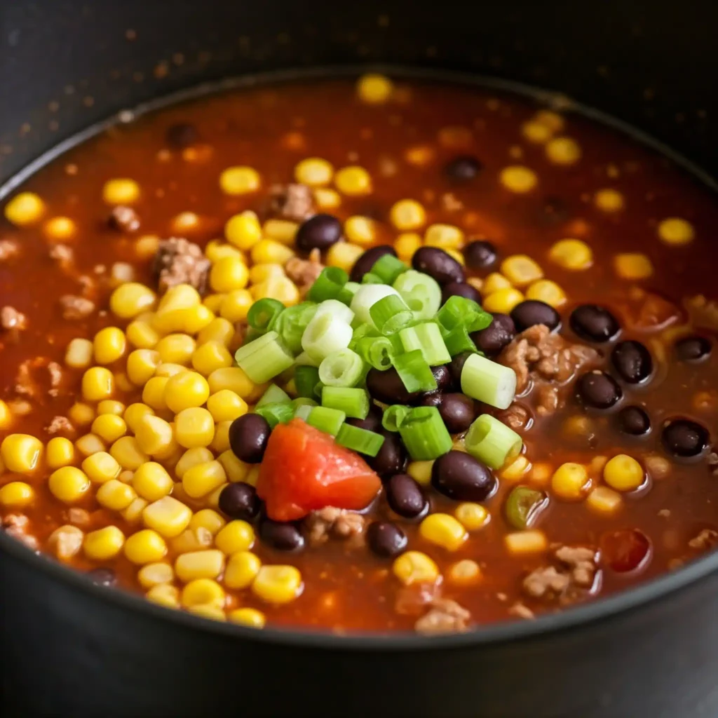 A close-up, slightly overhead photograph of chipotle ground beef soup in a pot immediately after broth and other ingredients have been added, but before simmering. The soup has a watery, relatively clear reddish-brown broth with visible oil droplets. The ingredients, including cooked ground beef crumbles, whole yellow corn kernels, whole black beans, pieces of cooked red tomatoes, chopped fresh green scallions, and diced root vegetables, are visible floating in the broth and have not yet melded or softened. The lighting is soft and even, highlighting the ingredients and the thin broth. The shot is tightly cropped, focusing on the contents of the black pot.


