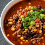 Bowl of chipotle ground beef soup with black beans, corn, and scallion garnish.