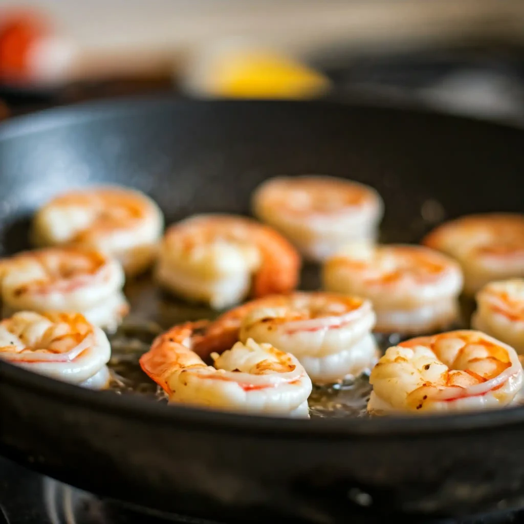 A close-up, eye-level shot of shrimp cooking in a skillet. Some shrimp should be fully pink and opaque, while others are in the process of changing color from gray. The shrimp are sizzling in olive oil, and the pan shows signs of heat, with small bubbles in the oil and a slight char developing. There should be a slight shallow depth of field. The background is an out-of-focus kitchen setting. The lighting should be bright and warm, emphasizing the cooking process.


