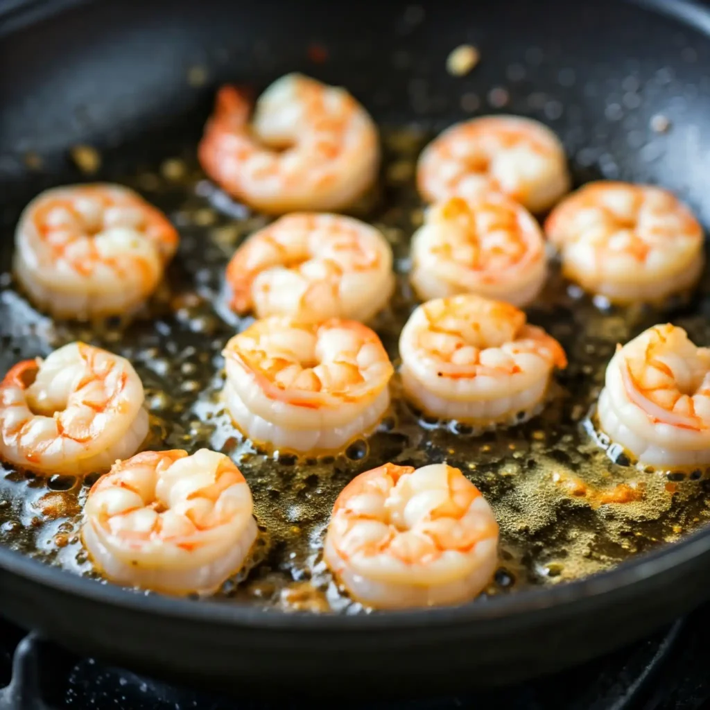 Cook: Add shrimp to the pan, cooking for 2 minutes on each side until pink and golden.