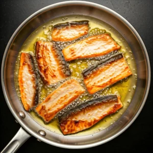 Pour approximately 1 inch of high-temperature oil (such as canola or vegetable oil) into a large pan. Next, cook the salmon skins on medium-high heat, flipping them to achieve a golden and crispy texture on both sides.