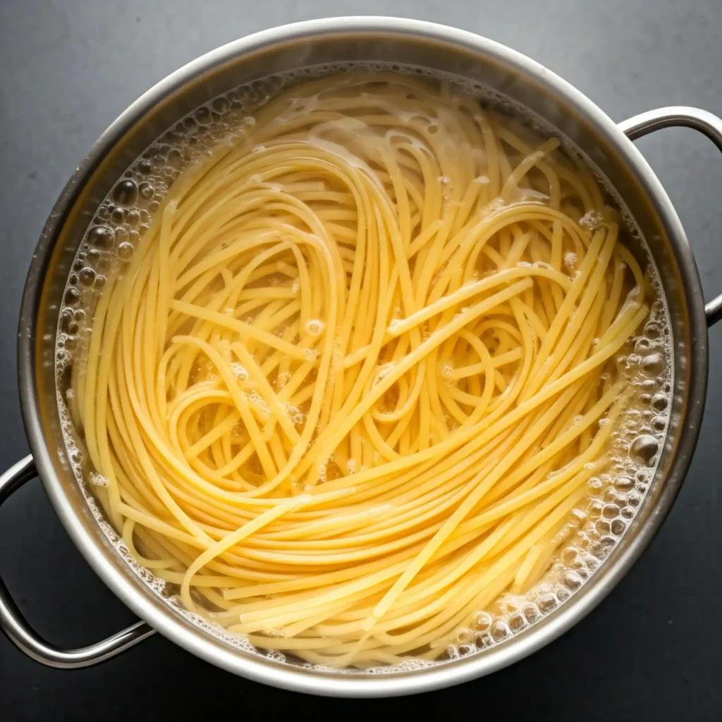 A high-angle photograph of linguine pasta being boiled vigorously in a stainless steel pot. The bubbles in the boiling water should be prominent and frothy, partially obscuring the submerged pasta. Some steam is visibly rising from the surface. The pot's handles are visible along the edges of the frame. The background should be a soft, blurred gray, putting the focus squarely on the boiling pasta.