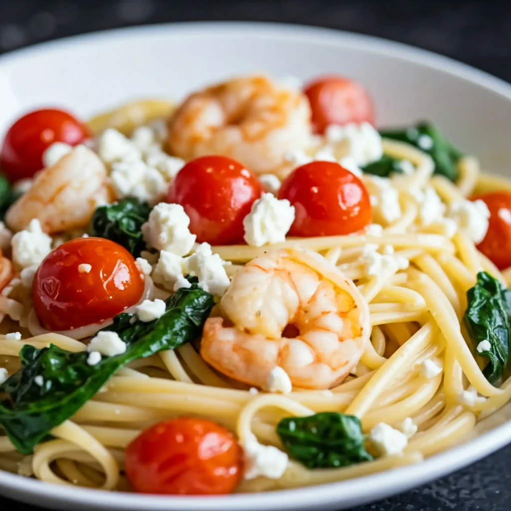 A close-up, overhead image of a serving of Mediterranean shrimp pasta on a white plate. The pasta is topped with cooked shrimp displaying char marks, wilted spinach, halved cherry tomatoes, whole black olives, and crumbled white feta cheese. The lighting is bright and even, showcasing the vibrant colors of the dish.

