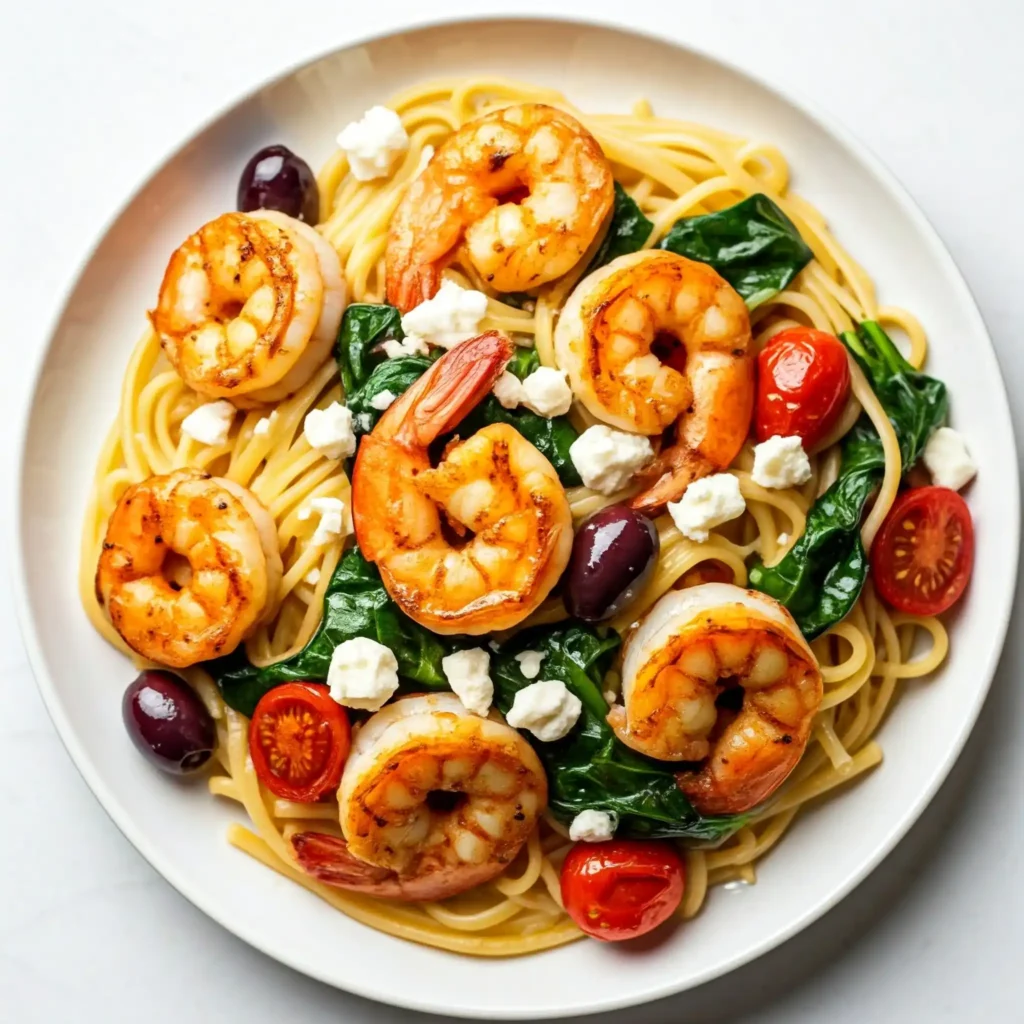 A close-up, overhead image of a serving of Mediterranean shrimp pasta on a white plate. The pasta is topped with cooked shrimp displaying char marks, wilted spinach, halved cherry tomatoes, whole black olives, and crumbled white feta cheese. The lighting is bright and even, showcasing the vibrant colors of the dish.

