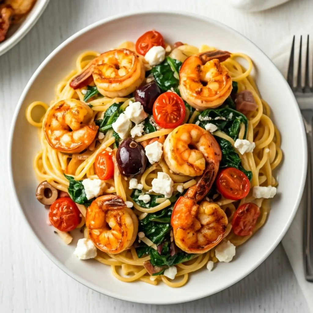 Mediterranean shrimp pasta with spinach, tomatoes, olives, and feta cheese.

