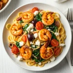 Mediterranean shrimp pasta with spinach, tomatoes, olives, and feta cheese.