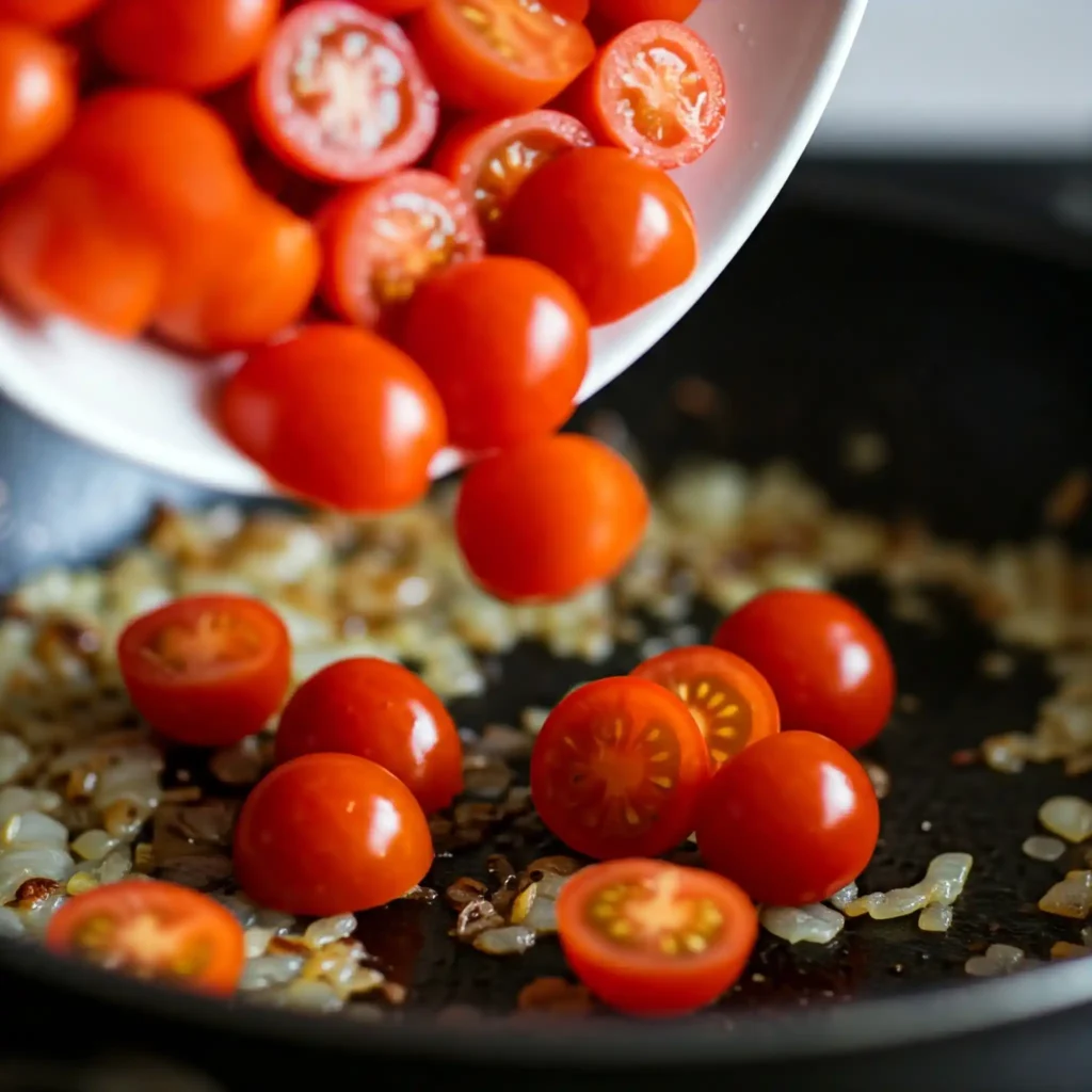 A close-up, slightly elevated shot of halved cherry tomatoes being added to a skillet already containing sautéed onions and garlic. The tomatoes should be vibrant red, and some should just start to blister. The existing onions and garlic should be visible but slightly out of focus. The image should focus on the contrasting colors and textures. The lighting should be bright and natural, highlighting the freshness of the tomatoes.


