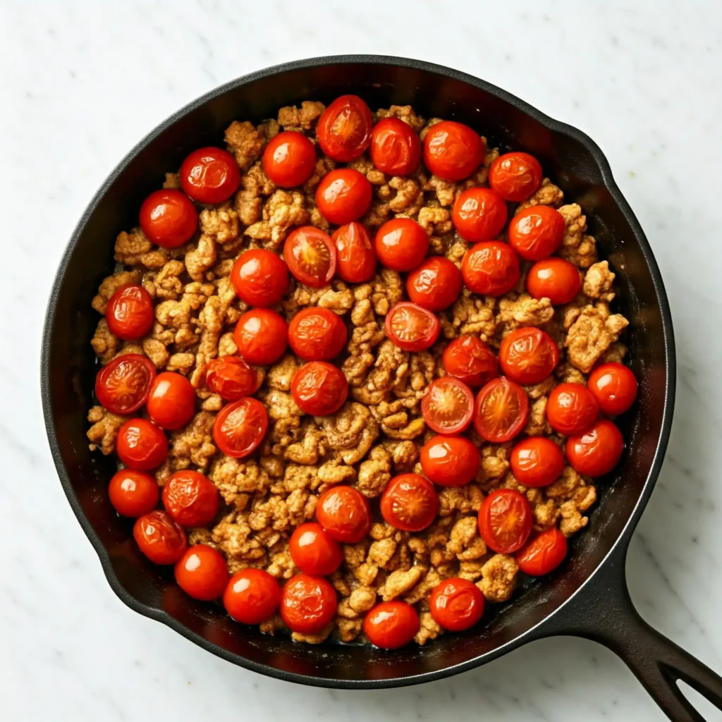 "Overhead view of a dark, matte-finish cast iron skillet on a white marble surface. The skillet contains browned ground chicken with a few halved cherry tomatoes scattered throughout. Juices glisten in the bottom of the pan."