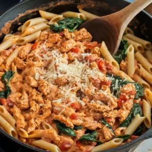 A close-up photo of a one-skillet pasta dish. The pasta is coated in a creamy, reddish-orange sauce and topped with spinach, ground chicken, and parmesan cheese. A wooden spoon rests in the skillet.