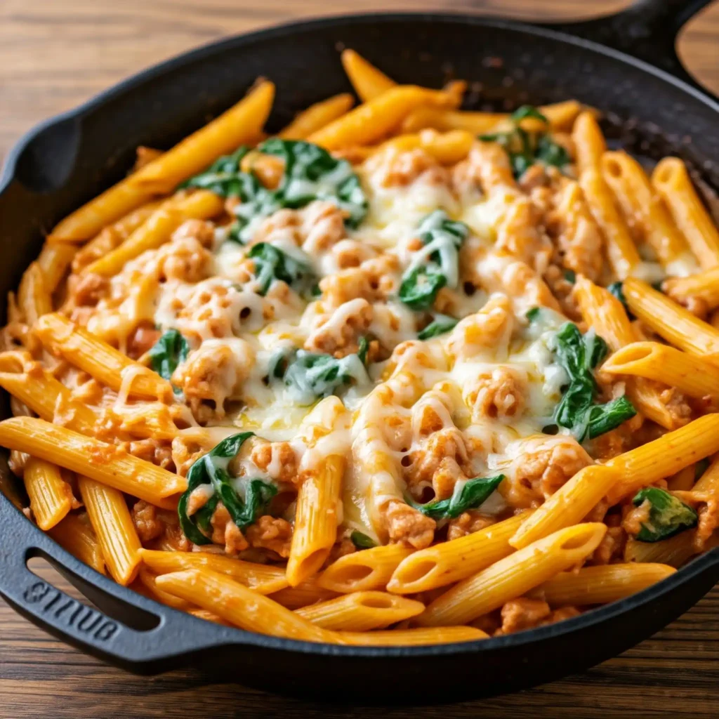 A close-up photo of a one-skillet pasta dish. The pasta is coated in a creamy, reddish-orange sauce and topped with spinach, ground chicken, and parmesan cheese. A wooden spoon rests in the skillet