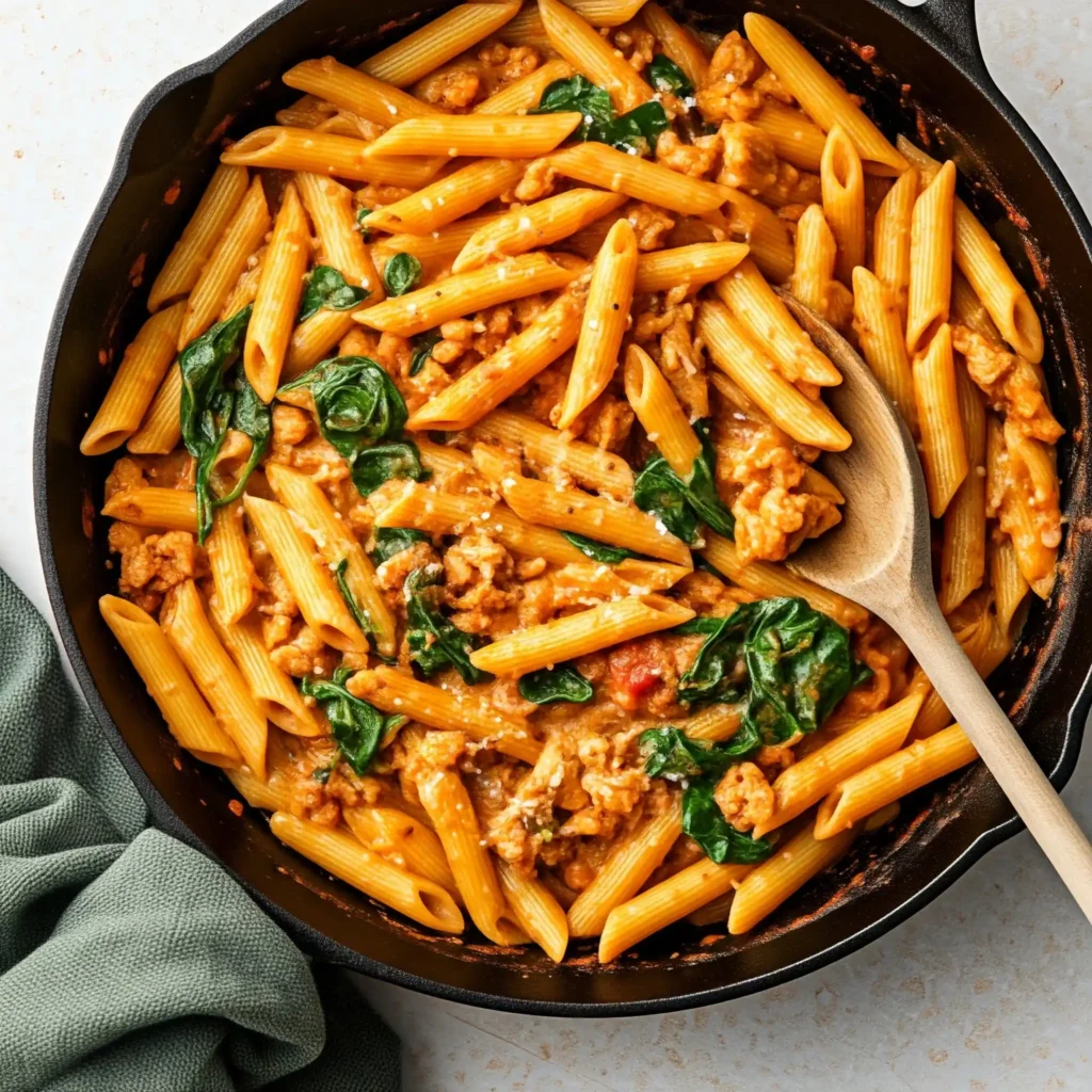 A close-up photo of a one-skillet pasta dish. The pasta is coated in a creamy, reddish-orange sauce and topped with spinach, ground chicken, and parmesan cheese. A wooden spoon rests in the skillet