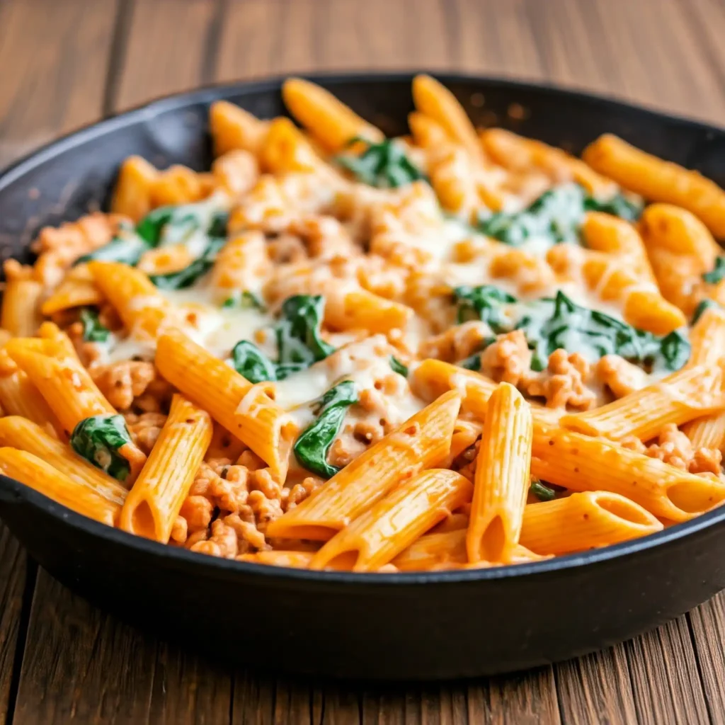 A close-up photo of a one-skillet pasta dish. The pasta is coated in a creamy, reddish-orange sauce and topped with spinach, ground chicken, and parmesan cheese. A wooden spoon rests in the skillet