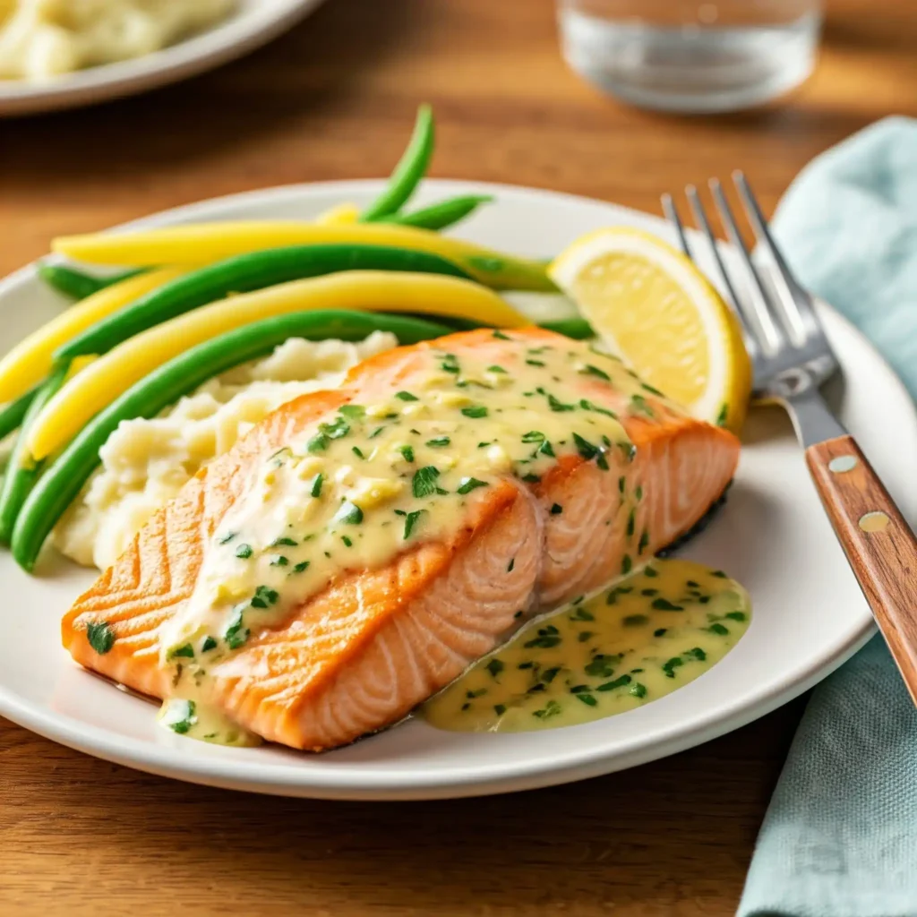 A plate of salmon topped with a lemon-garlic sauce, accompanied by mashed potatoes and green beans. A half-lemon is also present.